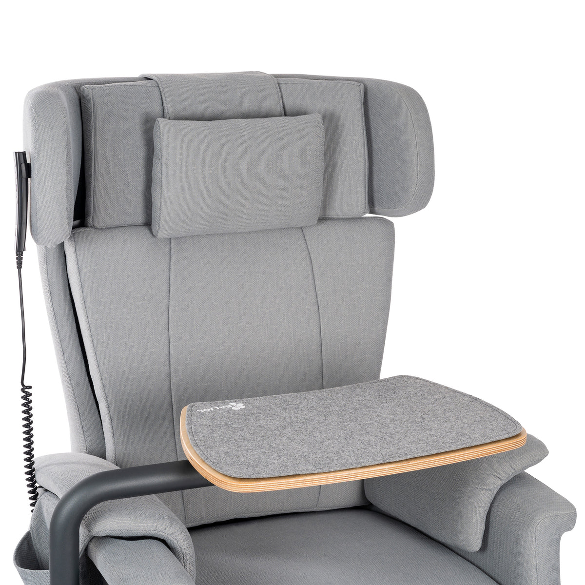 Saljol swivel table for relaxing and stand-up chair, front view seated position